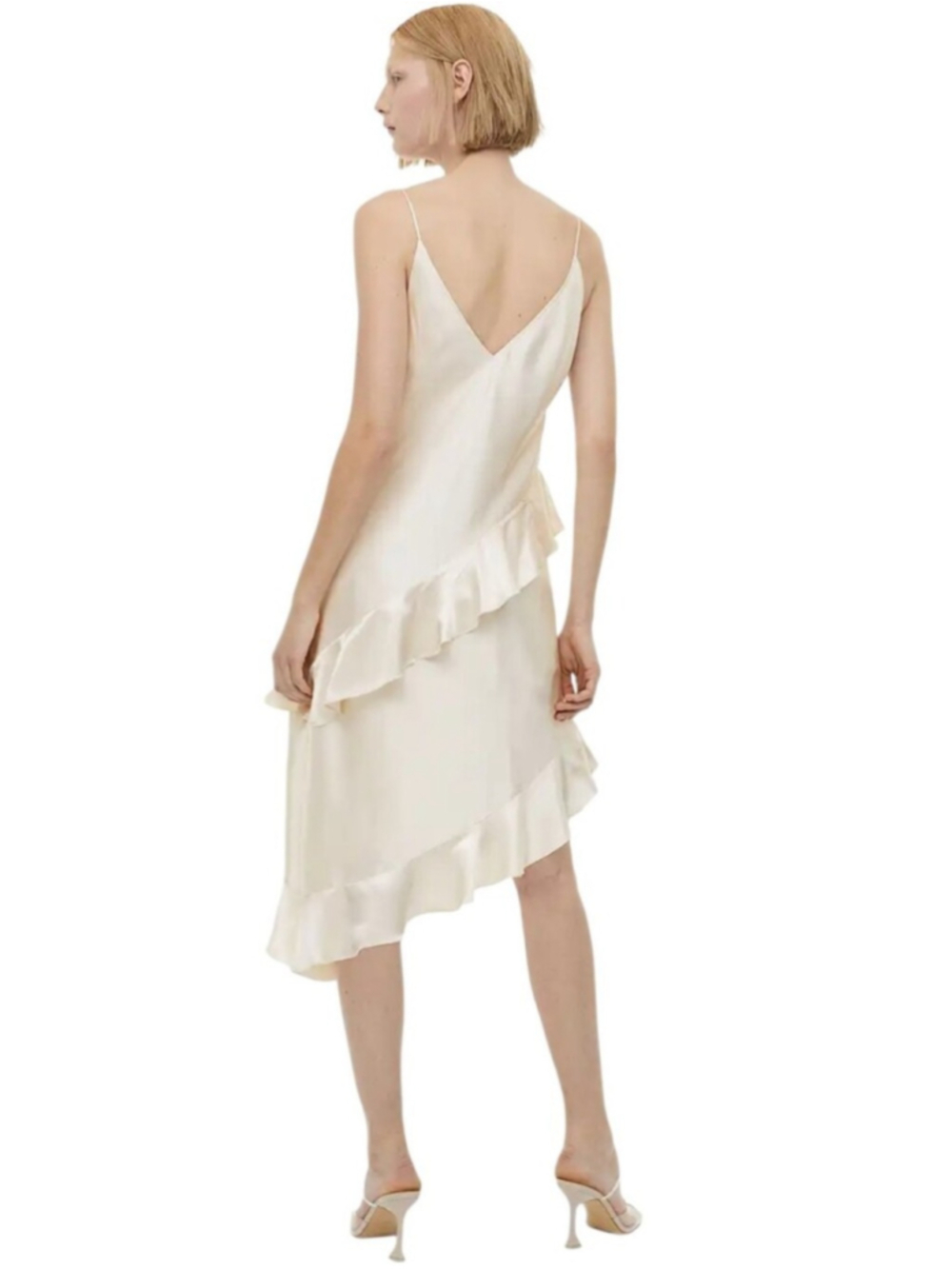 H&M Satin Slip Dress Cream Ivory Ruffle Midi Dress Asymmetrical Hem V Neck S - Picture 2 of 12